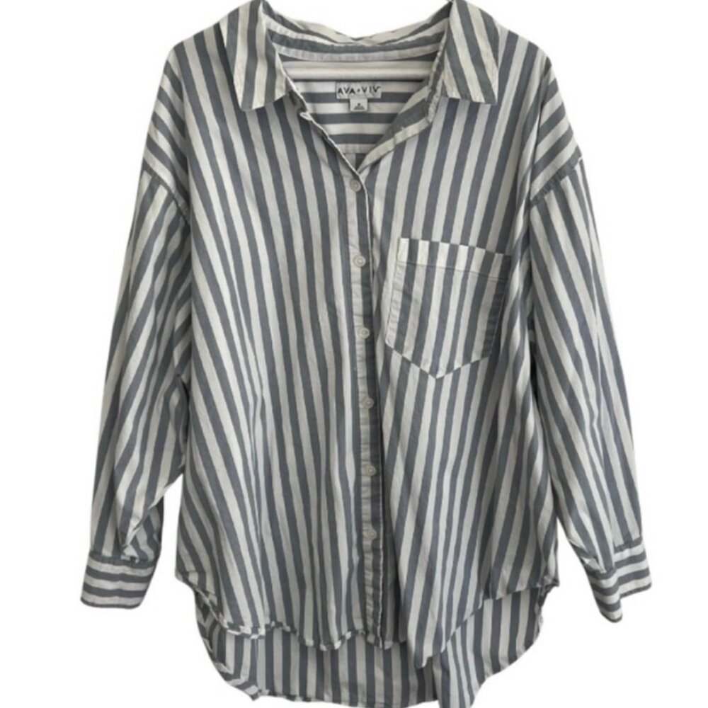 Ava & Viv Striped Button-Down Shirt 1X | Cotton Blend